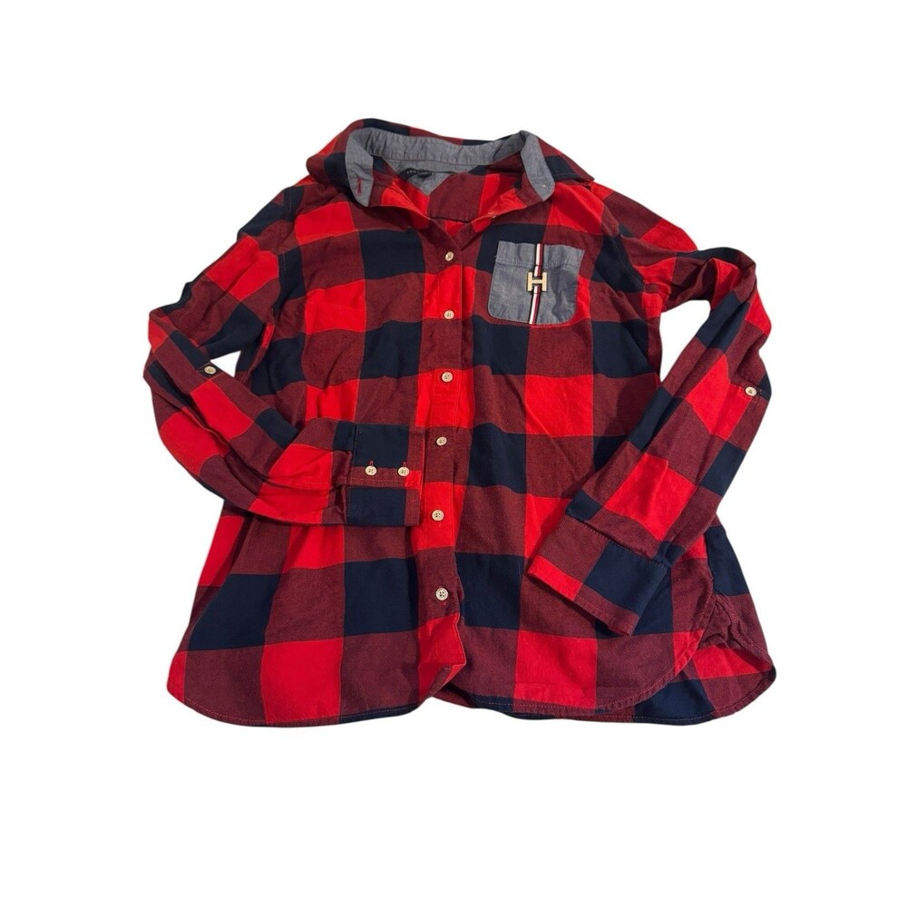 Tommy Hilfiger Womens Blue Red Collared Plaid Button-Down Top Shirt Size M